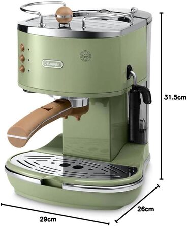 Еспресо-машина De'Longhi Icona Vintage ECOV 311.BG – Ретро дизайн, ручний капучинатор, для кави та ESE Pads, 1.4 л бак (Зелений, Single)
