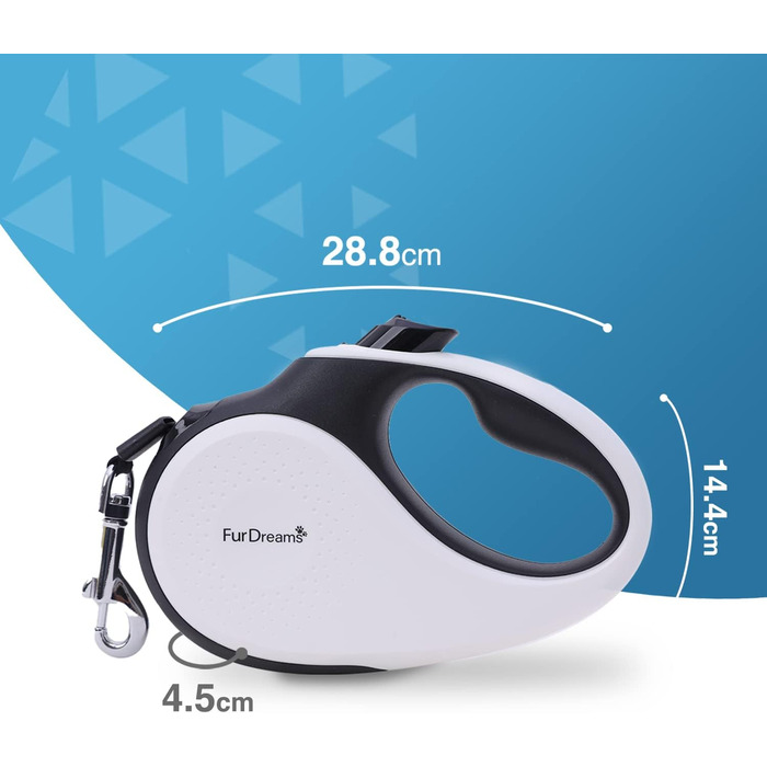Рулетка для собак FurDreams – міцна висувна повідка 5 м | Зручна ручка з блокуванням | Міцний нейлоновий трос, що не заплутується | Кріплення для нашийника (велике) | Білий, великий