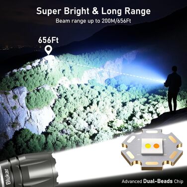 LED ліхтарик Blukar з регулюванням температури світла, 2000L, зум, 10 режимів, вологостійкий, для кемпінгу та активного відпочинку (сірий)