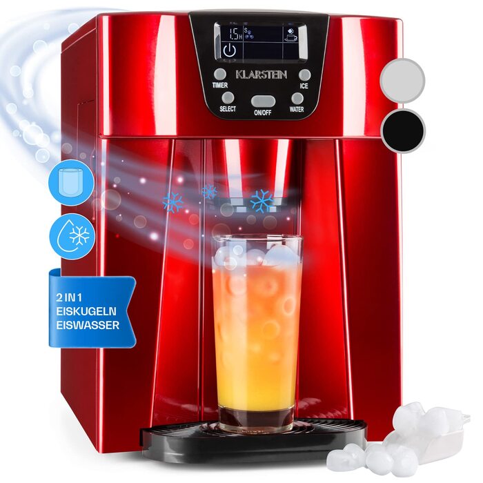 Машина для приготування льоду Klarstein Eiswürfelmaschine Klein, 2L, червона, з дозатором води, для 12 кг льоду, швидка, з сигналом