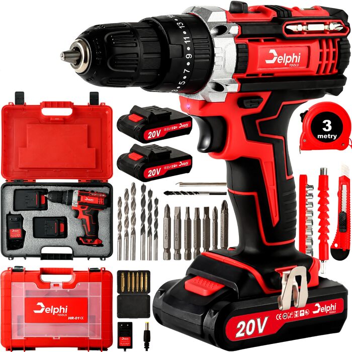 Акумуляторний шуруповерт DELPHI 20V: комплект з 2 акумуляторами, 50Nm, 2 швидкості, 25 ступенів моменту, LED-ліхтар, 34 аксесуари в кейсі для DIY-проєктів