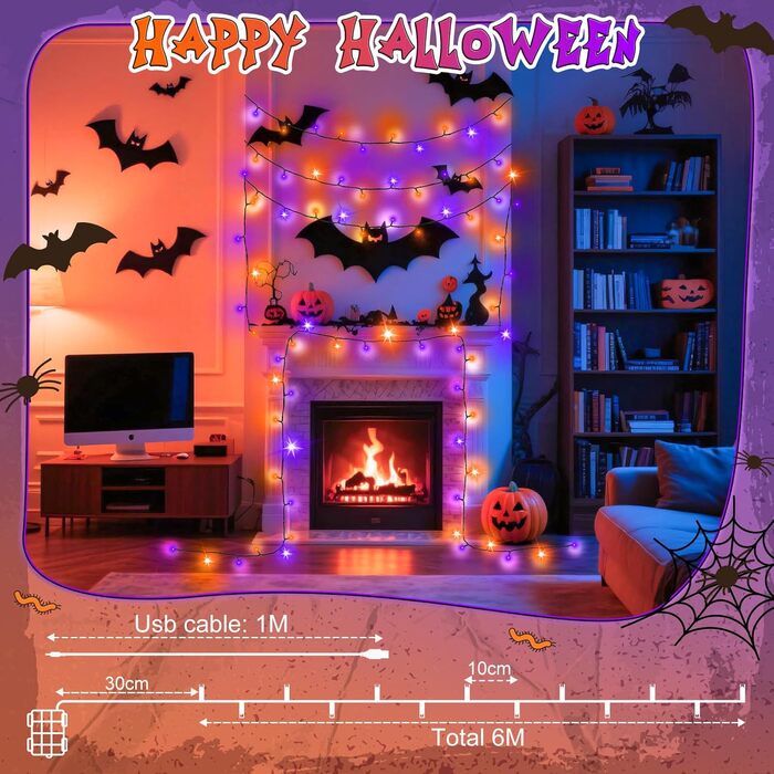 Гірлянда декоративна Halloween на 6 метрів, 60 LED, оранжево-фіолетова, USB/батарейки, таймер, вологостійка, для дому та саду