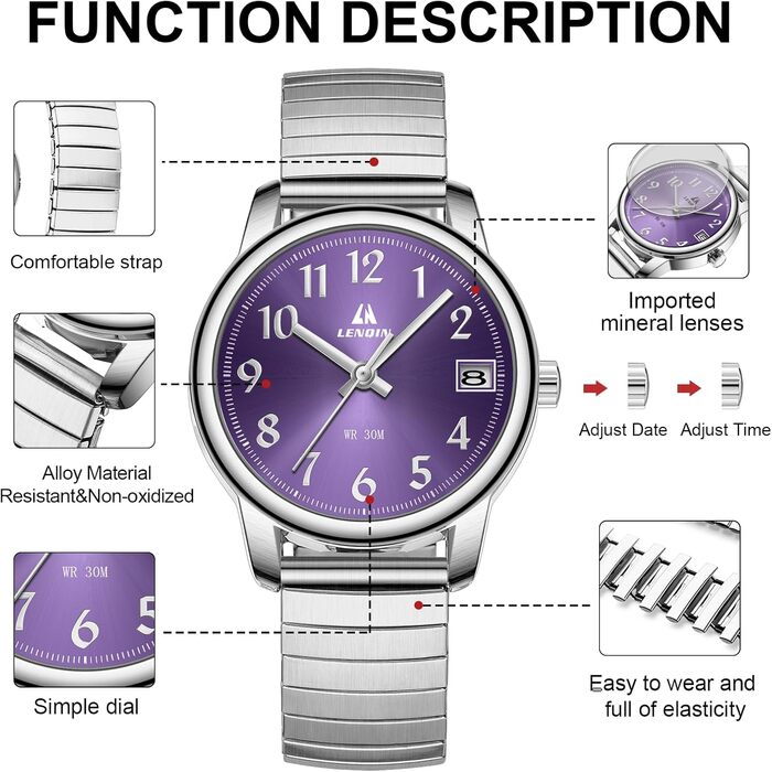 Жіночий годинник LN LENQIN: Водонепроникні годинники для жінок з нержавіючої сталі, кварцовий механізм, регульований браслет (сріблястий, фіолетовий)