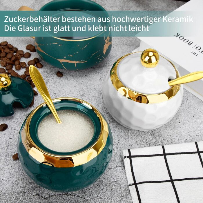 Керамічні солянки та цукерниці з кришкою та ложкою, набір для дому та кухні, зелений малюнок мармуру