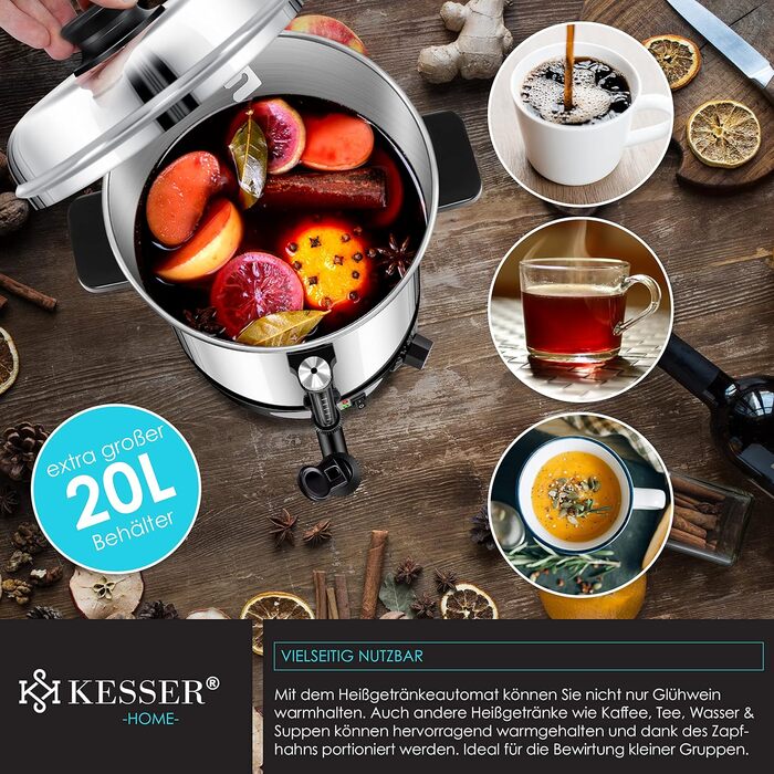 KESSER® Mulled Wine Boiler 8L Stainless Steel Incl. 10x Cups Mulled Wine Cooker with Thermostat Mulled Wine Dispenser Hot Beverage Dispenser Water Boiler Hot Water Dispenser Canning Machine Level Indicator Tap Black (20 Liter / Silver)