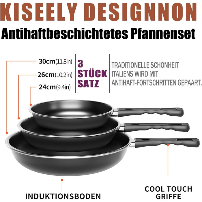 Набір сковорідок Pfannenset: 24см, 26см, 30см. 3 шт. Сковорода для омлетів, стійка до нагріву, без PFAS, для всіх типів плит, включаючи індукцію (SV2)