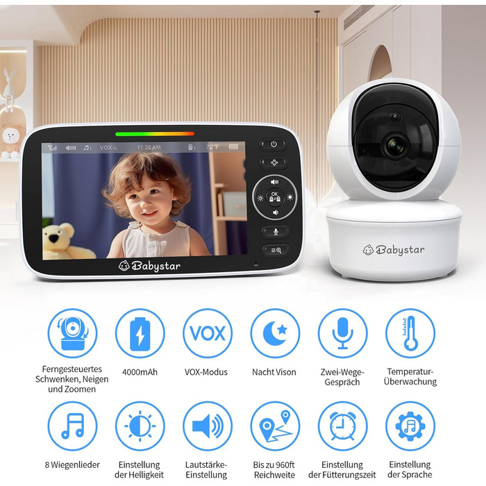 Дитячий відеоняня Babystar з камерою, 5 дюймів, 720P HD, без Wi-Fi, акумулятор 4000 mAh, Vox-функція, датчик температури, нічне бачення, 2-сторонній аудіо