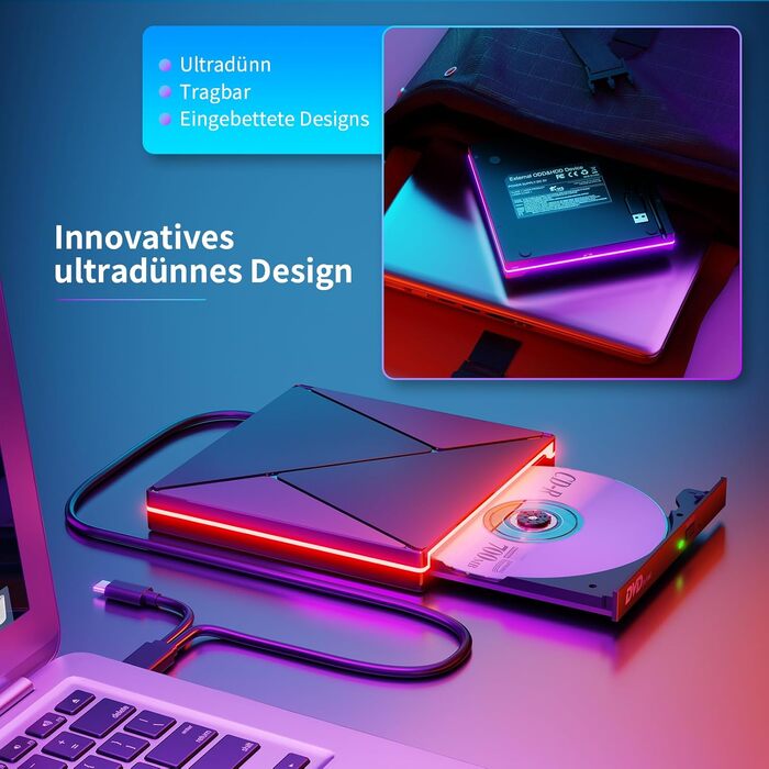 Зовнішній CD/DVD привід USB 3.0 та USB-C, оптичний накопичувач CD/DVD +/-RW ROM Brenner з RGB підсвіткою для ноутбука, ПК, MacBook, Windows та MacOS