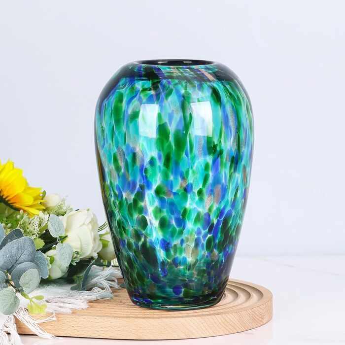 Скляна ваза блакитно-зеленого кольору 22,9 см, ручної роботи, сучасний дизайн, широке горло, для квітів та декору, ідеальна для вітальні, кухні, весілля, офісу