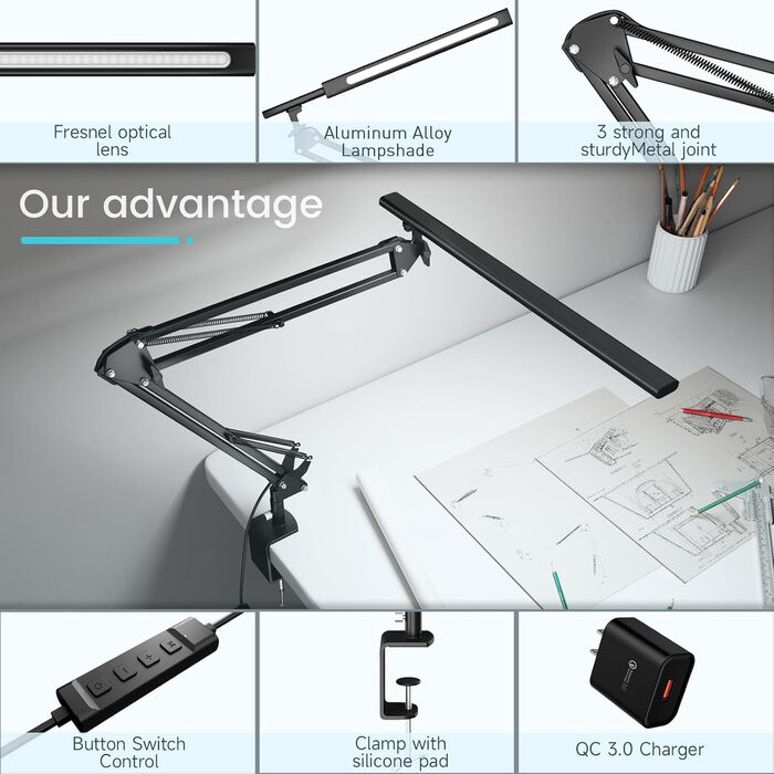 Світлодіодна лампа для робочого столу, кріпиться на край столу, архітектурна лампа з адаптером QC3.0, лінза Френеля, чорна