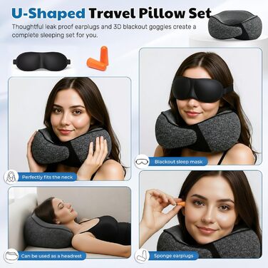 Подушка для шиї у літак, подушка для подорожей, з навушниками та маскою для очей, сіра