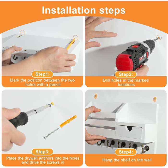 Дерев'яне ключниця з полицею та шухлядою, 6 гачків, для прихожей, офісу, на стіну (білий)