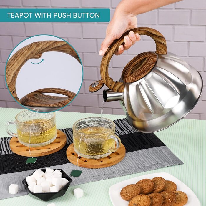 Чайник Belle Vous 3л з нержавіючої сталі для плити/індукції - білий текстурований, для чаю/кави