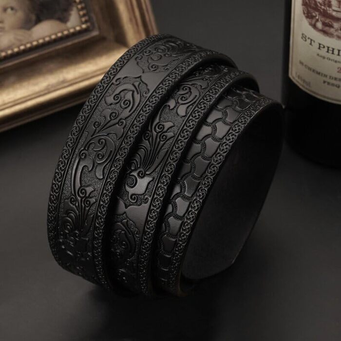 Чоловічий шкіряний ремінь з гравіюванням, вінтажний, з логотипом дракона, автоматична застібка, чорний, 122.5 см