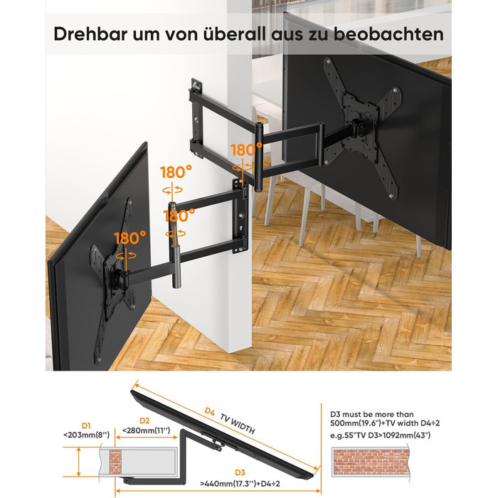 Кронштейн для телевізора FORGING MOUNT поворотний 26-65 дюймів, VESA 400x400, до 35 кг, подовжений