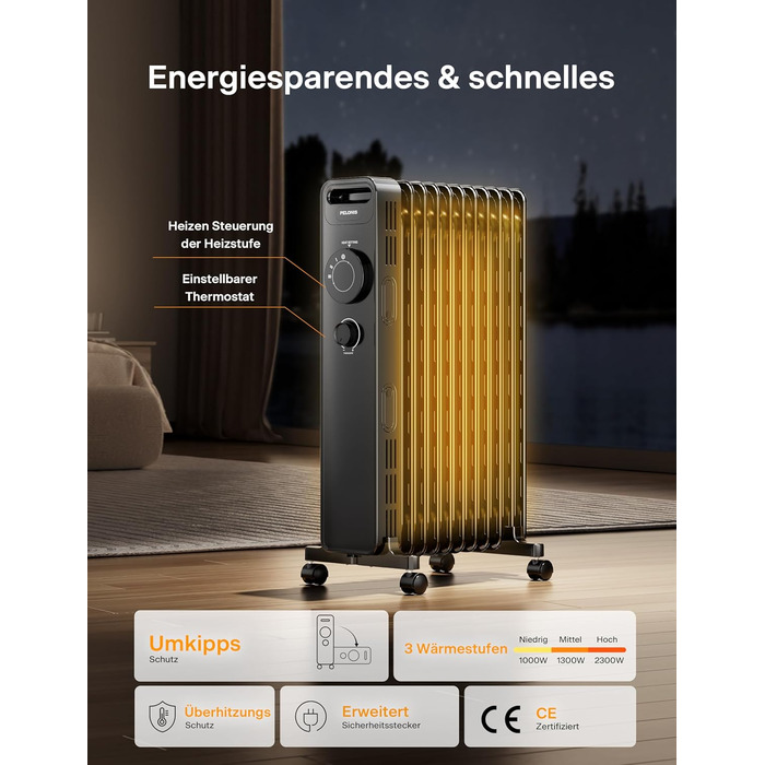 Масляний радіатор PELONIS 2300W з J-подібними ребрами, 3 режими нагріву, термостат, тихий, захист від перекидання, енергоефективність A, для спальні, вітальні, офісу, 11 ребер, чорний (без пульта)