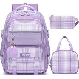 Шкільний рюкзак для дівчаток з візерунком, дихаючий та водовідштовхуючий рюкзак для 1-5 класів (рюкзак для дітей + ізольована ланч-торбинка + пенал, фіолетовий)