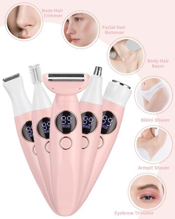 Електричний жіночий тример 5-в-1 для тіла, бікіні, брів та носа, з USB-станцією, білий (рожевий)