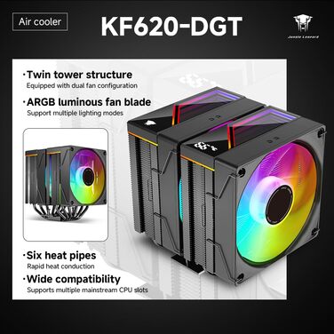 Koolance KF620 DGT ARGB CPU кулер для Intel/AMD, 265W TDP, 158mm, 2 x 120mm PWM вентилятори, чорний