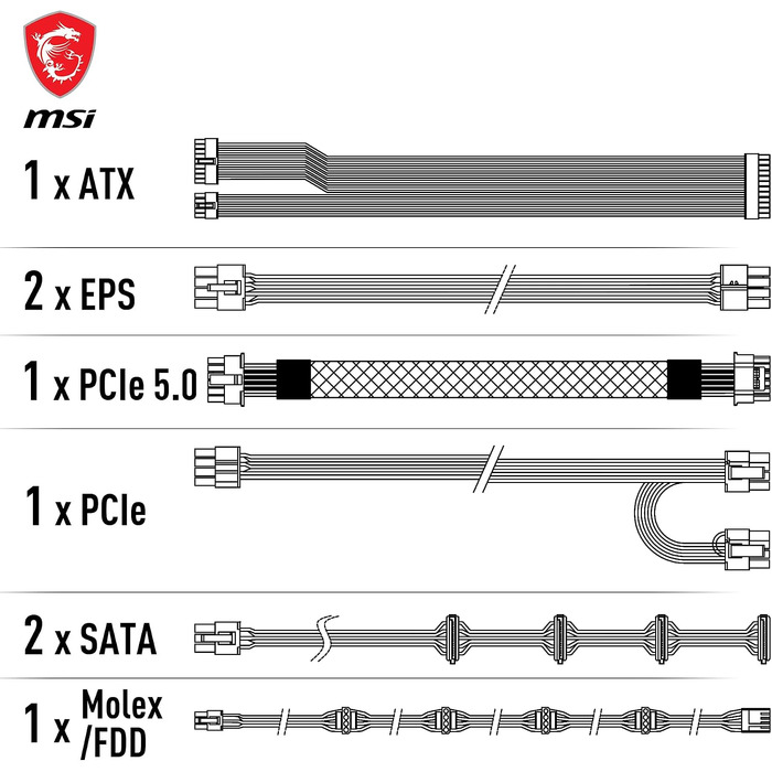 Блок живлення MSI MAG A750GL PCIE5 750W, 80 Plus Gold, повністю модульний, ATX 3.0, підтримка PCIe 5.0, 120мм FDB вентилятор, чорний