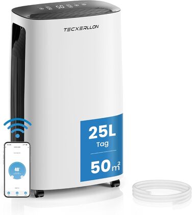 Електричний осушувач повітря 25л/день, 50㎡, з керуванням через додаток та сенсорною панеллю, для підвалу, бак 3.7л, злив по шлангу, 47dB, таймер 24г, захист від дітей, 3 роки гарантії