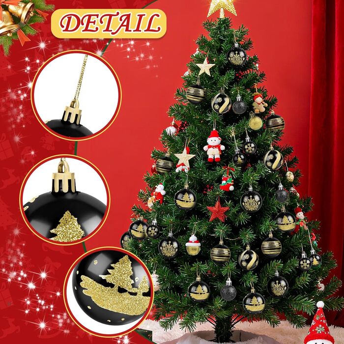 Набір прикрас для ялинки Ilauke, 44 шт. Ялинкові кулі з пластику червоного та білого кольорів, 3 та 6 см. Декорації для ялинки на Різдво, вечірку, дім, весілля. Червоний, білий, чорний, золотий кольори.