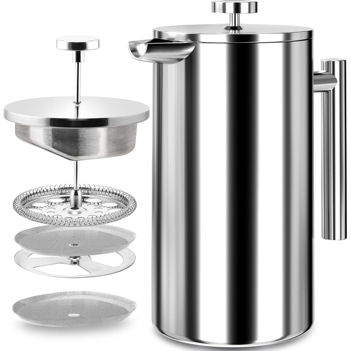 KICHLY French Press Coffee Maker 34 Oz - 1000 ml (4 Coffee Cups / 8 Coffee Mugs) - Coffee Machine with Triple Stainless Steel Filter & Insulated Walls - Silver