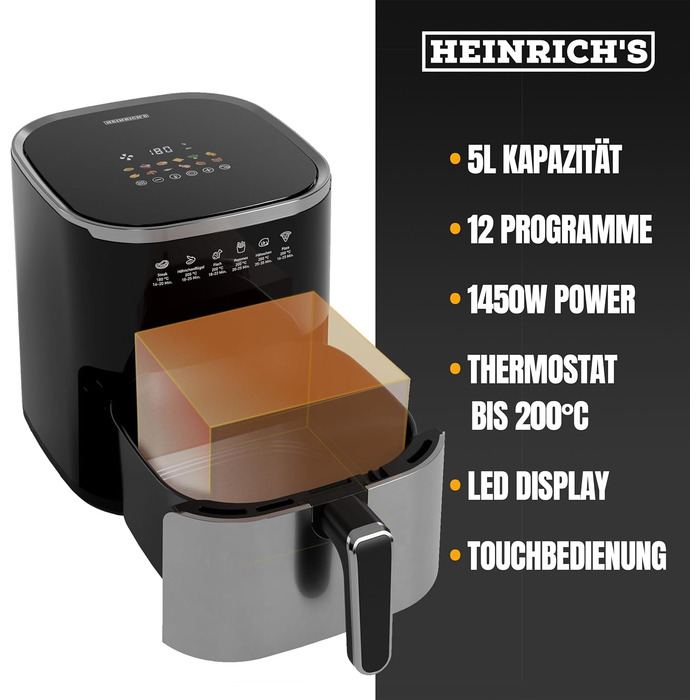 Фритюрниця повітряна HEINRICHS 9 літрів XXL, 10-в-1, LED-дисплей, 1800W, для здорового харчування