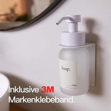 Designfabrik Hamburg | Adhesive Wall-Mounted Glass Soap Dispenser | Stainless Steel Pump Dispenser for Liquid Soap | Dish Soap Dispenser No Drilling Required | With Wall Holder | White/Frost
