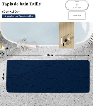 Килимок для ванної кімнати chakme з ефектом пам'яті (Memory Foam), протиковзкий та вбираючий підкладник під душ, 60x150 см, темно-синій