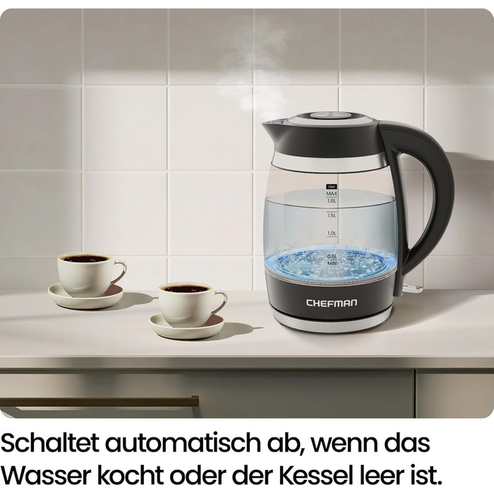 Електричний чайник Chefman 1.8L з нержавіючої сталі, 3000W, знімний кришка, автоматичне відключення, захист від сухого кипіння, фільтр з нержавіючої сталі, BPA Free, чайник з боросилікатного скла