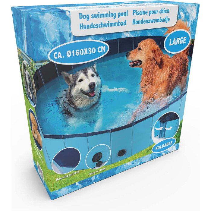 maxxpro Dog Pool - 160 x 30 cm - Suitable for Large Dog Breeds - Foldable - Non-Slip Bottom - with Drain Valve - Blue