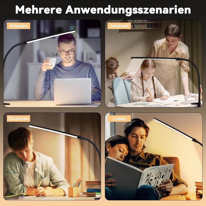 LED лампа для столу Homefire: регульована, чорна, з 3 кольорами та 5 рівнями яскравості, USB, для офісу та навчання