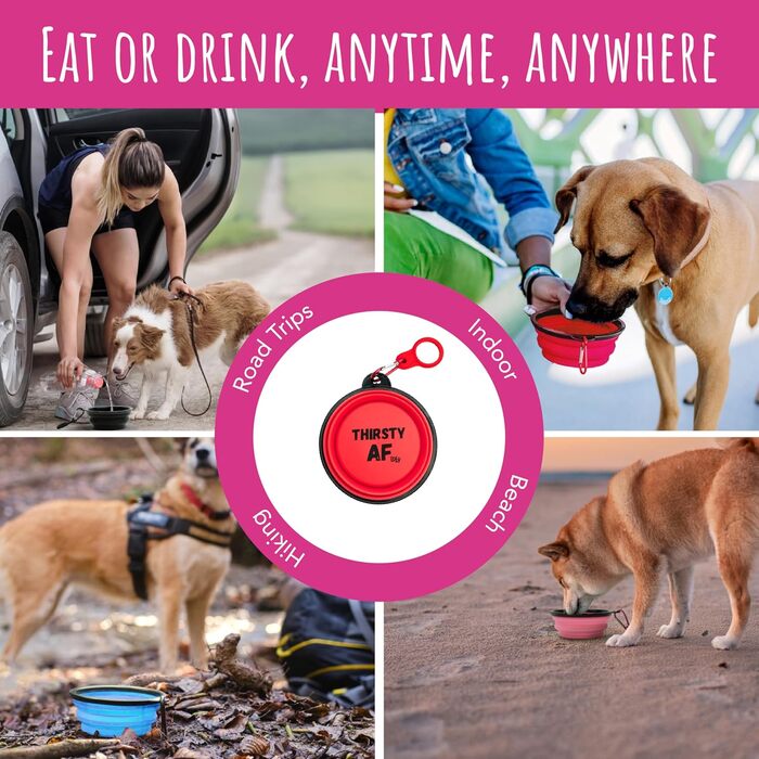 Складаний миска для собак TDL, 350 мл, червоний. Зручна для подорожей, з карабіном та тримачем для пляшки. Підходить для собак та котів.