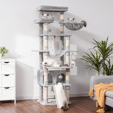 Багатоповерховий котячий будиночок Heybly Kratzbaum HCT033G сірий (200 см), з 11 стовпчиками для шліфування, платформами, гамаком, печерою та іграшками