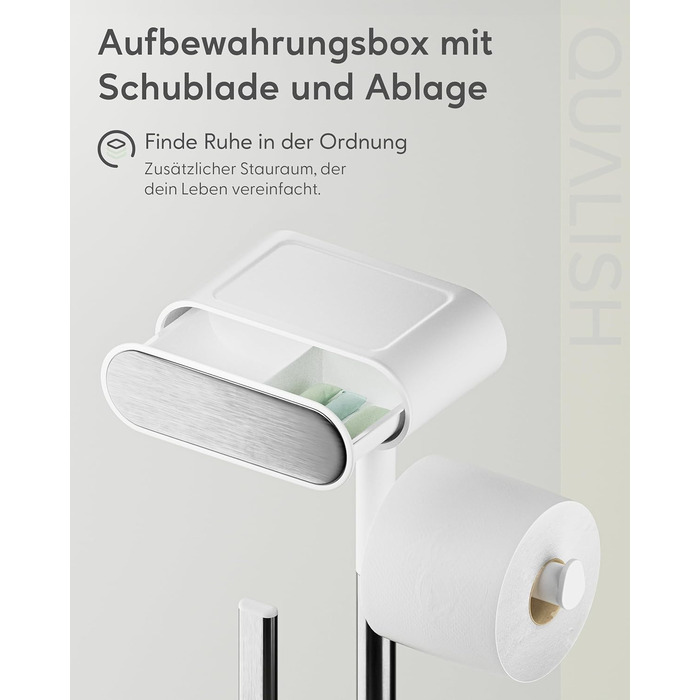 QUALISH Stainless Steel Toilet Paper Holder with Brush - Standing Toilet Paper Roll Holder & WC Kit - White