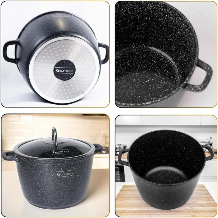 Каструля Goldmann 28 см з алюмінію з нержавіючою сталлю (10 л) з силіконовими ручками, антипригарне покриття з мармурової кераміки та скляною кришкою
