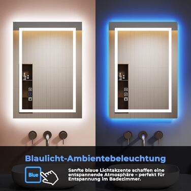 Дзеркало для ванної кімнати з підсвічуванням 60x50x3,5 см, LED, 6400K, біле світло, економія енергії, вертикальне/горизонтальне кріплення, антизапар, 3 колірні температури