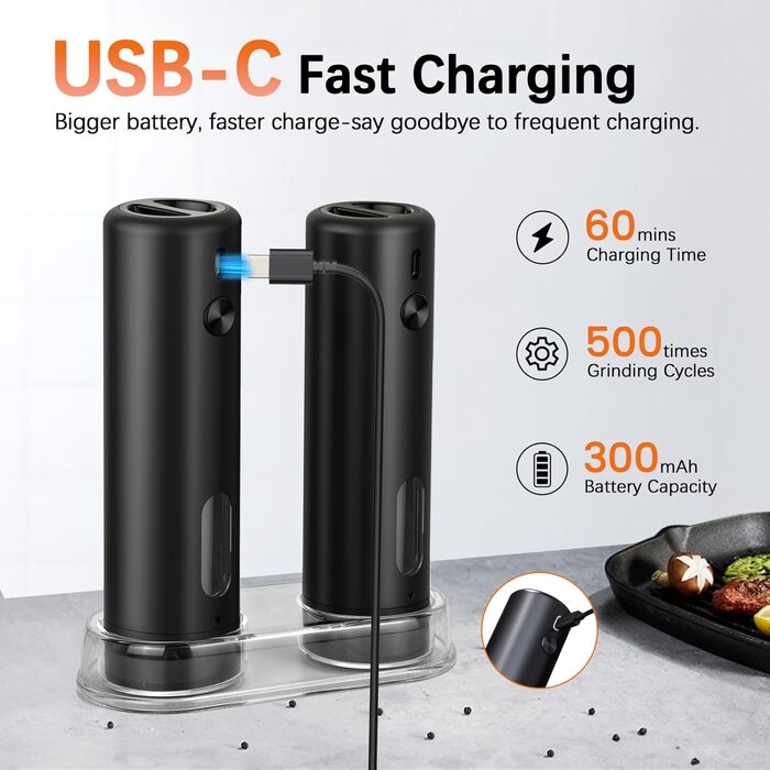 MERTTURM Electric Salt and Pepper Grinder Set with Stand, USB Rechargeable, Automatic Salt and Pepper Dispenser with Large Capacity, External Grind Adjustment for Kitchen (2-Piece Set)