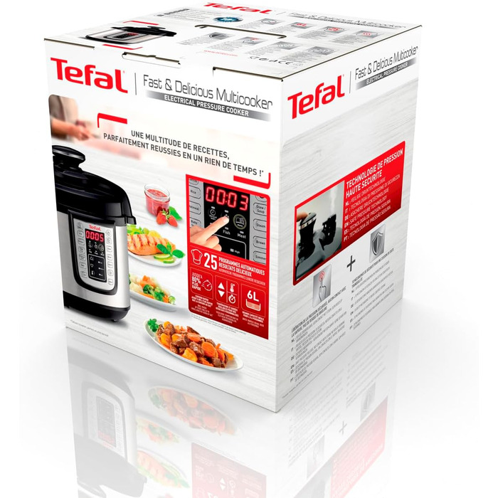 Tefal CY505E Fast & Delicious Multicooker | Electric Pressure Cooker | 6 L Capacity | 25 Automatic Programs | Up to 80% Faster Cooking | Energy-Saving | Recipe Book | 1200 W | Stainless Steel