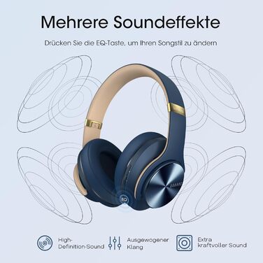DOQAUS Bluetooth навушники Over-Ear: 90 годин роботи, 3 режими EQ, HiFi стерео, мікрофон, для подорожей/офісу/телефону/ПК/ноутбуків - Navy Blue