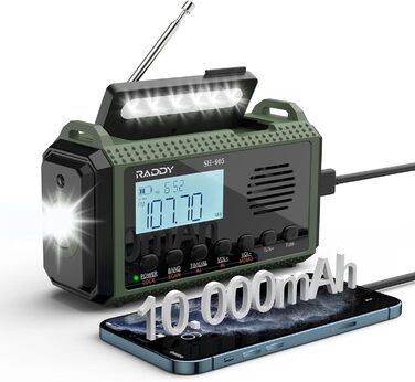 Радіо Raddy SH-906: портативне радіо на сонячній енергії з живленням від ручки, 10000mAh, AM/FM/SW/VHF, ліхтарик, SOS, компас, зарядка для телефону