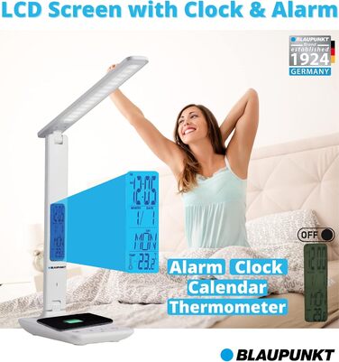 LED-лампа Blaupunkt на стіл з бездротовим зарядним пристроєм, USB-порт, регулювання яскравості, 5 кольорів, регульований кріплення, для офісу та читання, LCD-дисплей (годинник, календар, термометр), чорний