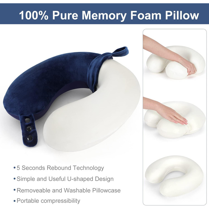 Подушка для шиї TALLGO з піною з пам'яті: зручна, регульована, для подорожей (літак, авто, дім), блакитна