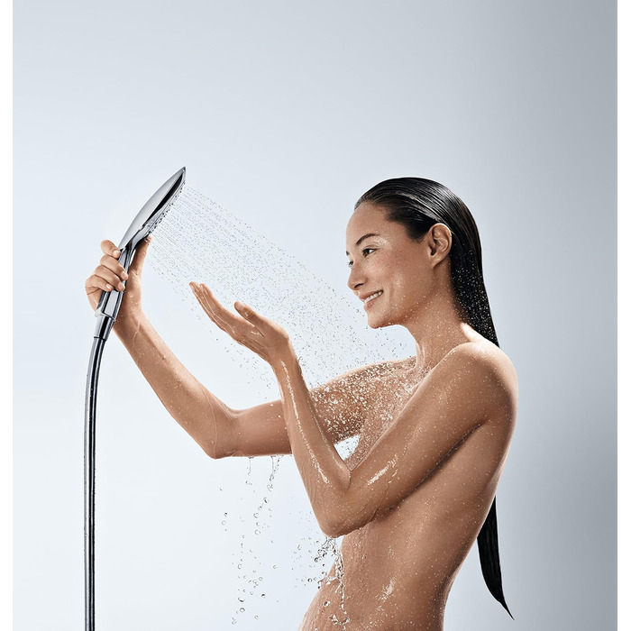 hansgrohe Raindance Select E - Showerhead, Hand Shower with square shower panel (150 x 150 mm), showerhead with anti-limescale function, 26550000 (3 spray patterns with water-saving function, white/chrome)