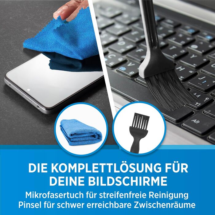 PRINOX Набір для чищення екранів 250 мл: засіб + мікрофібра + пензлик для мобільних, ноутбуків, телевізорів (LCD, LED, OLED, QLED, TFT) від жиру та відбитків пальців