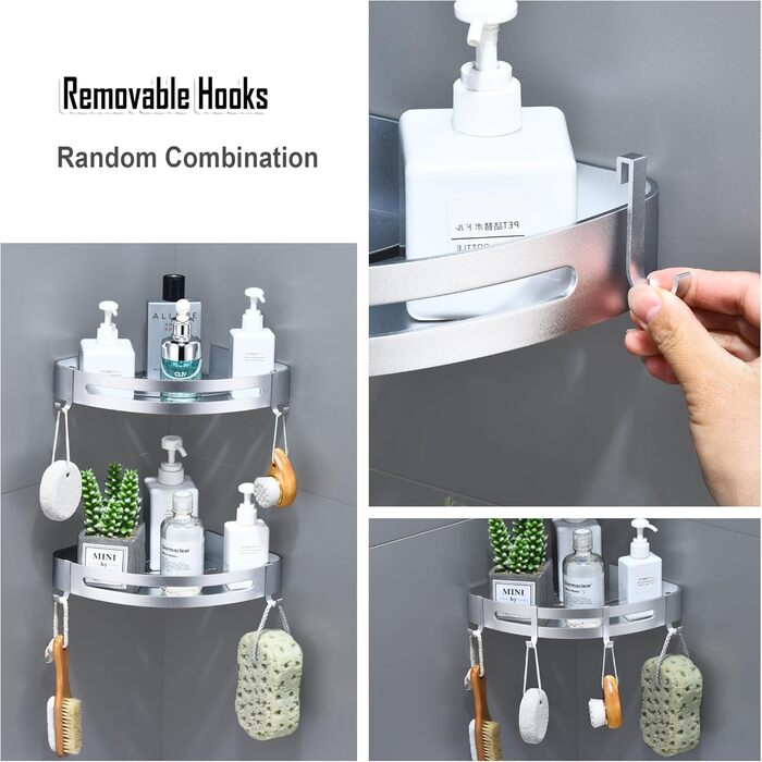 Поличка для душу без свердління, кутова поличка для ванної кімнати з алюмінію, трикутна корзина для душу з гачками, органайзер для шампуню, стійка до іржі (2 шт., піскоструминне золоте покриття) (Блискучий срібло)