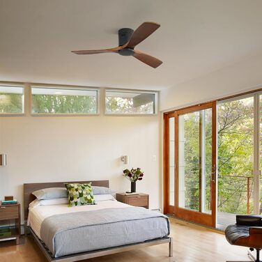 Стеляний вентилятор Sofucor з пультом керування, дерев'яний вентилятор з 3 лопатями, 132 см, тихий, 6 швидкостей, таймер, DC двигун, режим літо/зима для спальні без освітлення + монтаж врізний, темне дерево