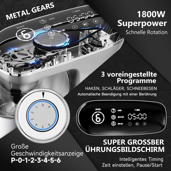 Кухонна машина HOMELUX 1800W з чашею 8 л з нержавіючої сталі, 6 швидкостей, LED-дисплей, насадки для замішування, збивання та нарізки, сіра