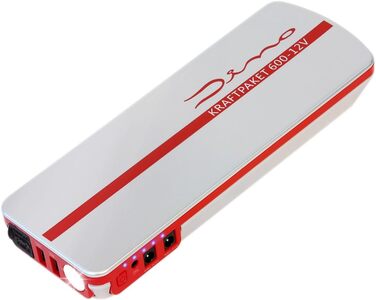 Портативний пусковий пристрій Dino KRAFTPAKET 12V-600A: для авто, мотоциклів та човнів. Підтримка різних типів акумуляторів (свинцево-кислотні, GEL, EFB, AGM). Ємність 66.6Wh, 18000mAh.